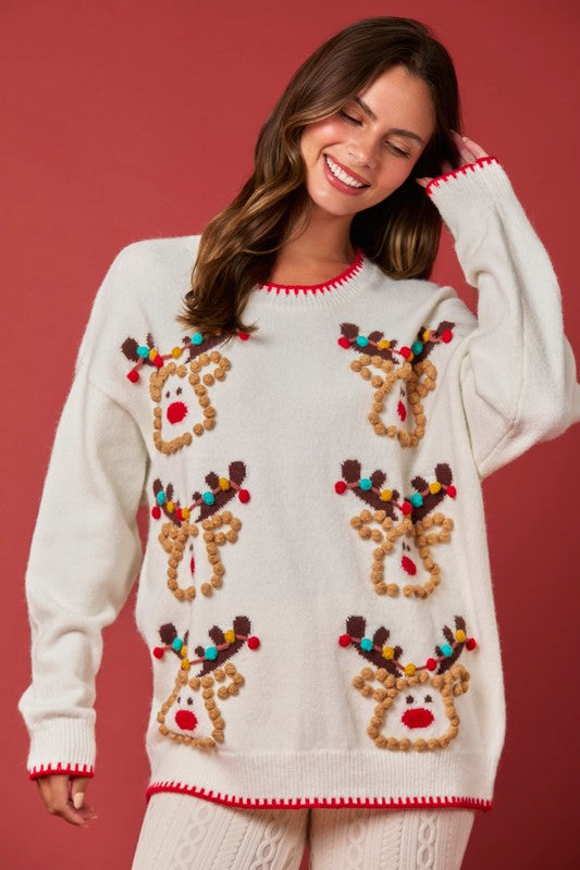 Reindeer Pompom Blanket Stitch Sweater Ivory