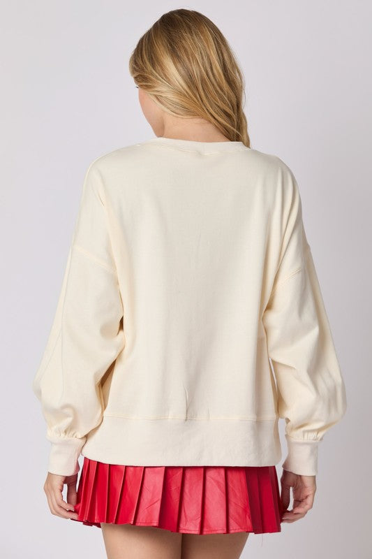 Santa Sequins & Fur Sweatshirt Top Cream