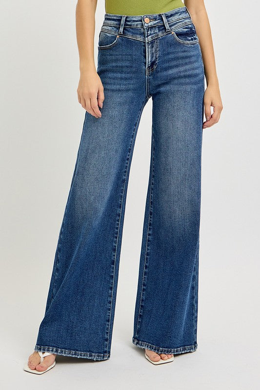 High Rise Wide-Front Yoke Jeans Dark Denim