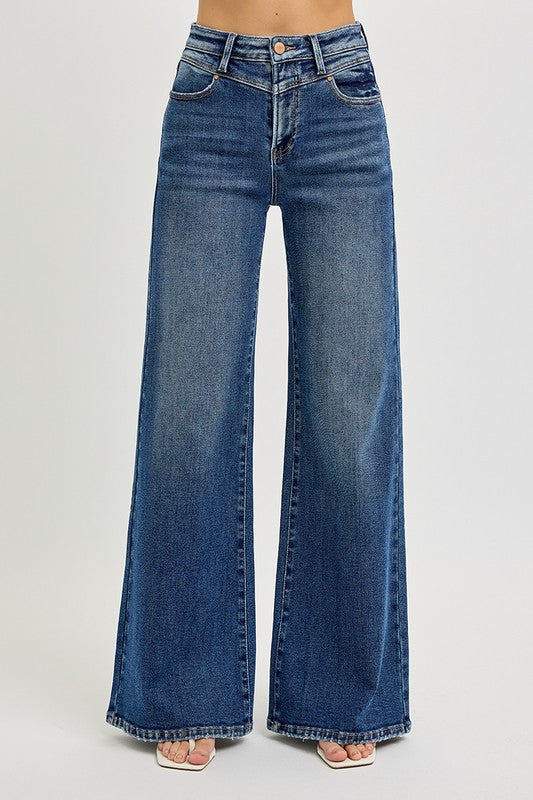 High Rise Wide-Front Yoke Jeans Dark Denim