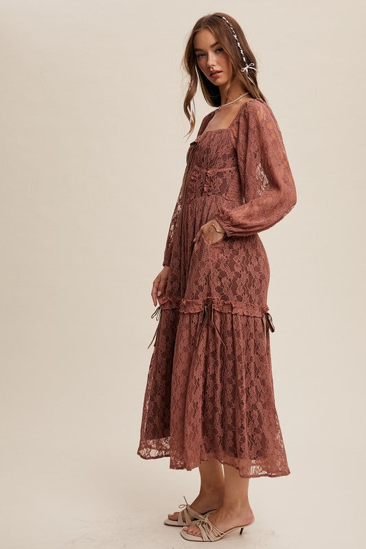 Corset Style Lace Long Sleeve Maxi Dress Rosewood