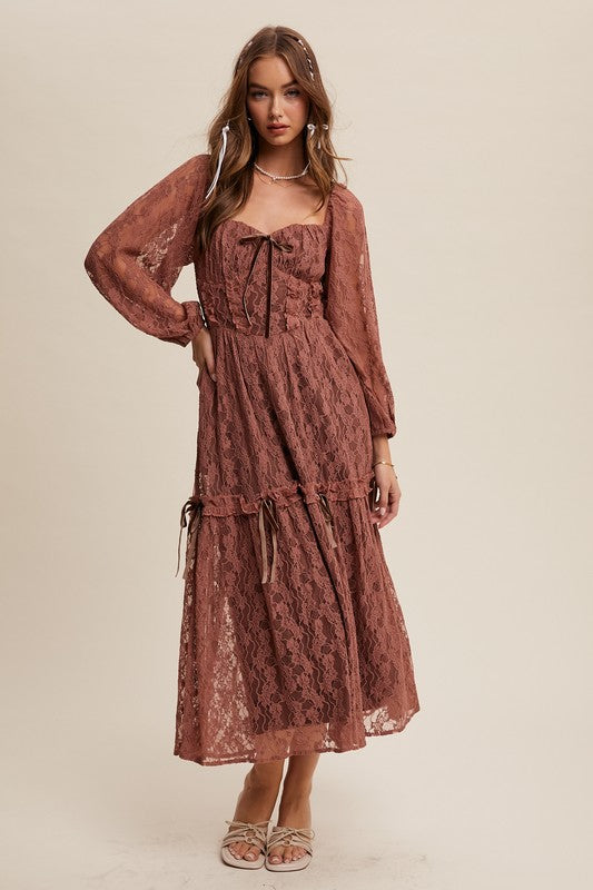 Corset Style Lace Long Sleeve Maxi Dress Rosewood