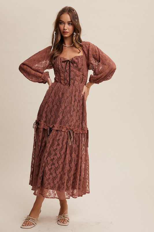 Corset Style Lace Long Sleeve Maxi Dress Rosewood