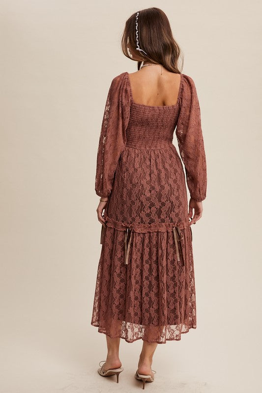 Corset Style Lace Long Sleeve Maxi Dress Rosewood