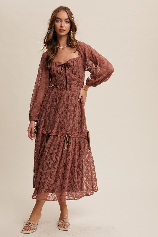 Corset Style Lace Long Sleeve Maxi Dress Rosewood