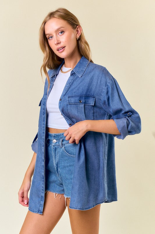 Split V-Neck Lapel Collared Shirt Denim