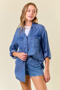 Split V-Neck Lapel Collared Shirt Denim