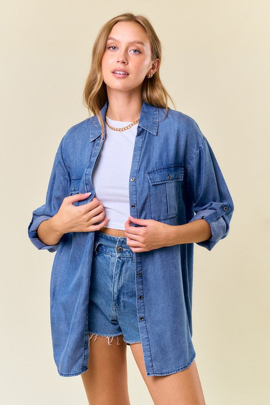 Split V-Neck Lapel Collared Shirt Denim