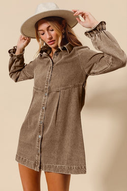 Washed Denim Button Down Mini Dress Taupe