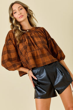 Corduroy Round Neck Plaid Top Brown