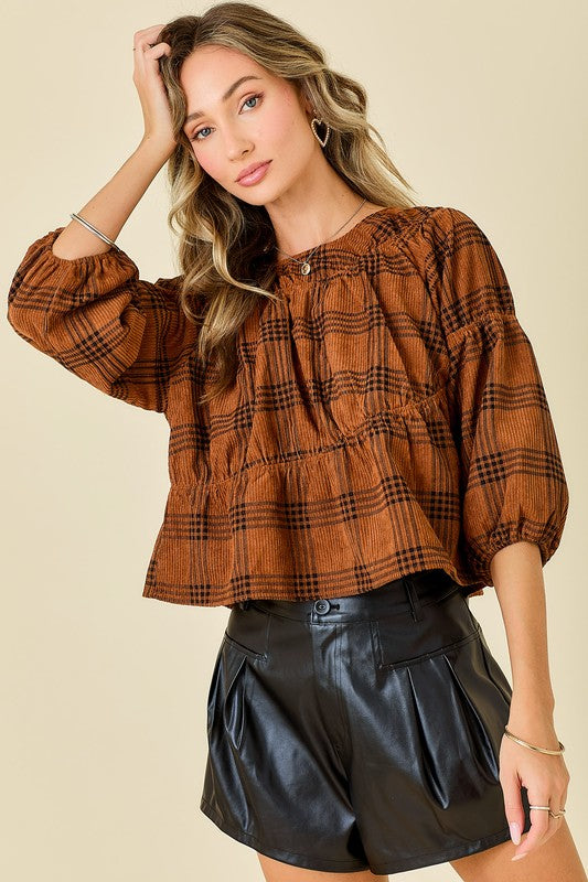 Corduroy Round Neck Plaid Top Brown