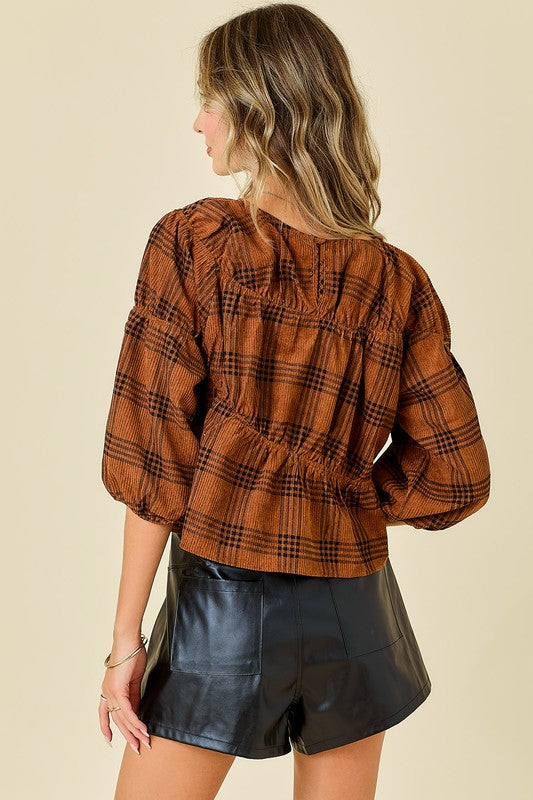 Corduroy Round Neck Plaid Top Brown