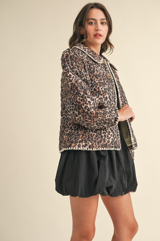 Cheetah Print Quilted Puff Jacket Brown