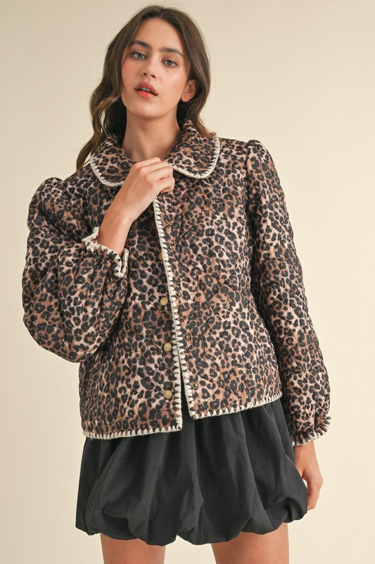 Cheetah Print Quilted Puff Jacket Brown