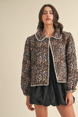 Cheetah Print Quilted Puff Jacket Brown