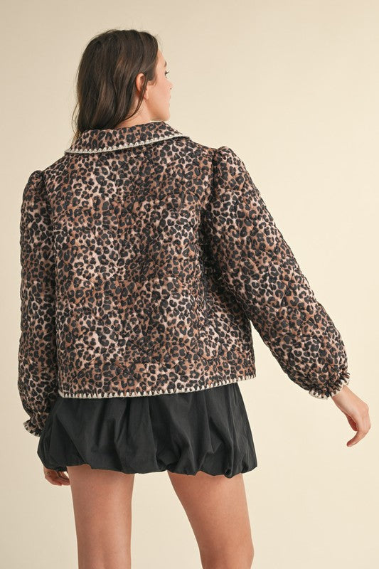 Cheetah Print Quilted Puff Jacket Brown