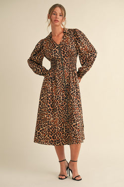 Leopard Print Satin Midi Dress Brown