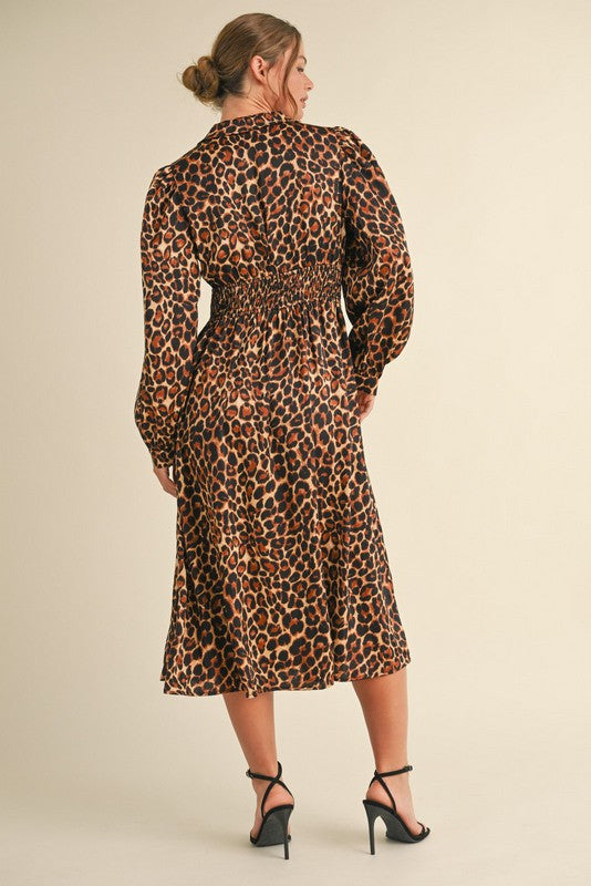 Leopard Print Satin Midi Dress Brown