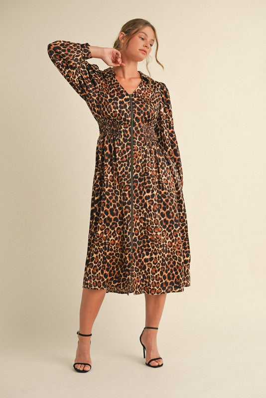 Leopard Print Satin Midi Dress Brown