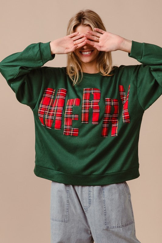 Plaid Merry Lettering Fleece Top Green/Red