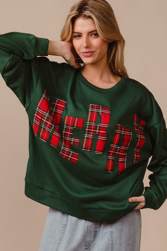 Plaid Merry Lettering Fleece Top Green/Red