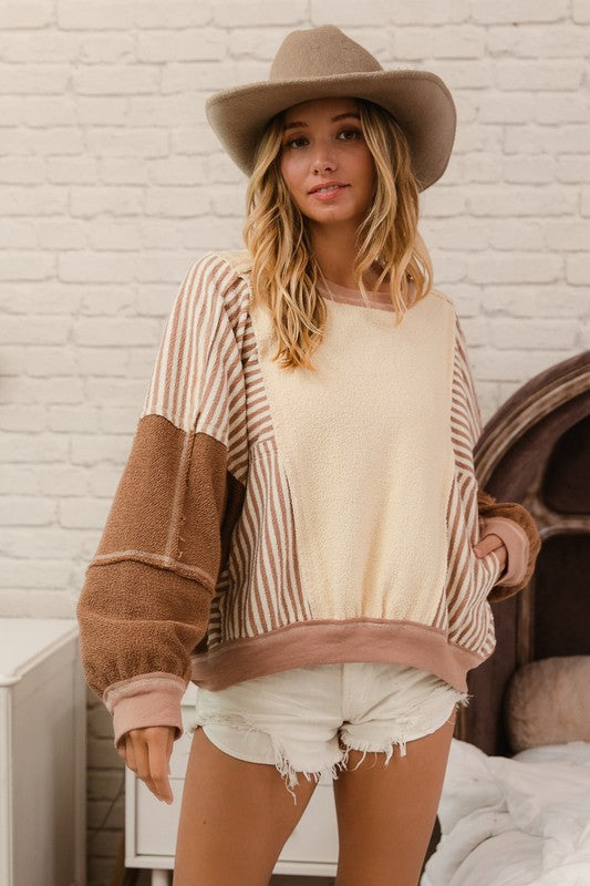 Heavy Loop Terry Stripe Pullover Oatmeal/Mocha