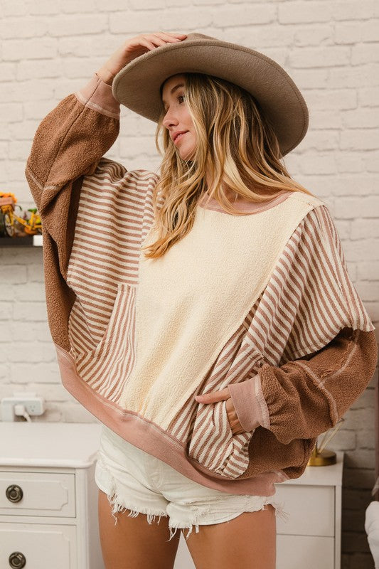 Heavy Loop Terry Stripe Pullover Oatmeal/Mocha