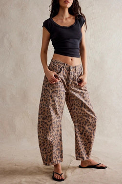 Leopard Print Wide-Leg Pants Brown