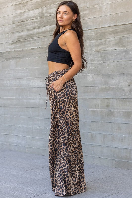 Satin Wide Leg Pants Leopard