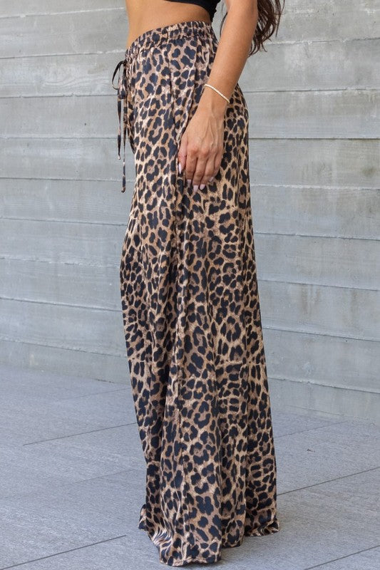 Satin Wide Leg Pants Leopard