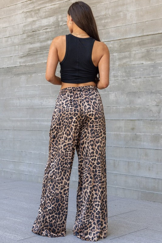 Satin Wide Leg Pants Leopard