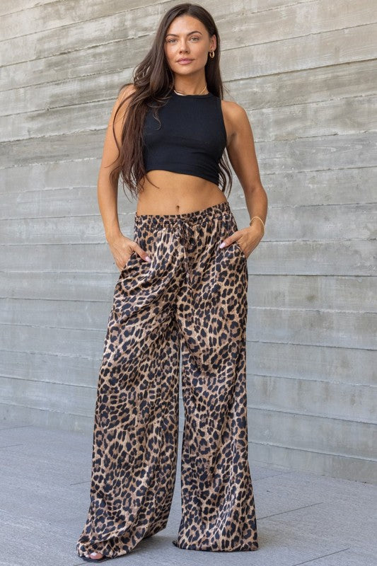 Satin Wide Leg Pants Leopard