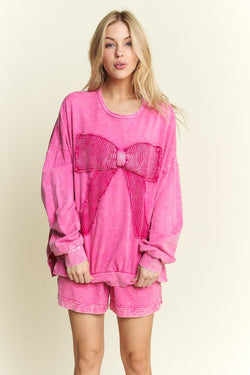 Waffle Ribbon Bow Terry Top Hot Pink