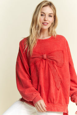 Waffle Ribbon Bow Terry Top Red