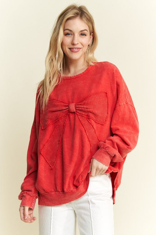 Waffle Ribbon Bow Terry Top Red