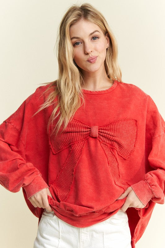 Waffle Ribbon Bow Terry Top Red