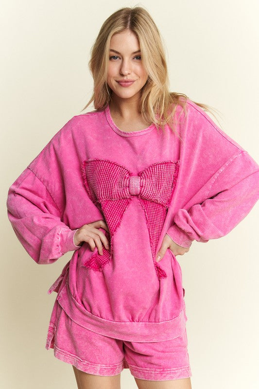 Waffle Ribbon Bow Terry Top Hot Pink