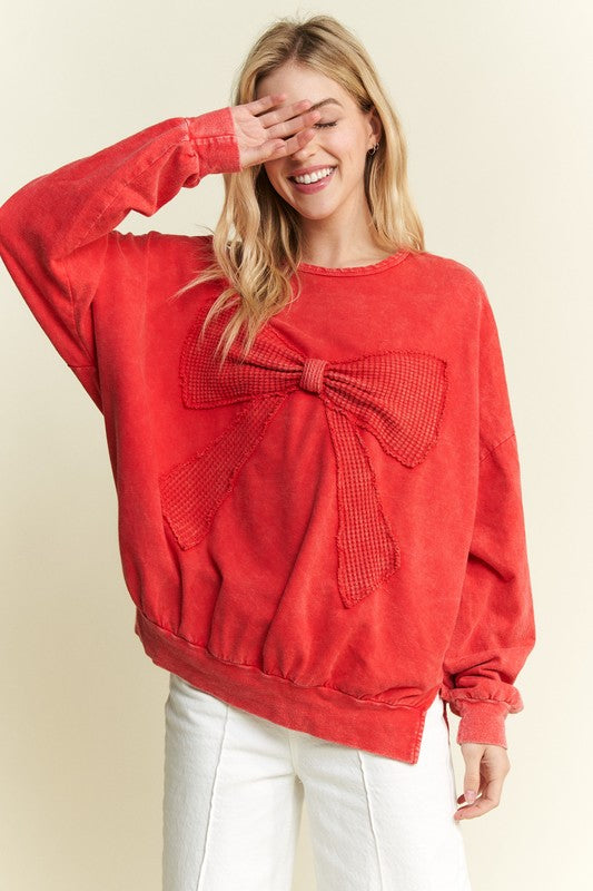 Waffle Ribbon Bow Terry Top Red