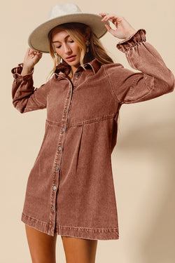 Washed Denim Button Down Mini Dress Brick