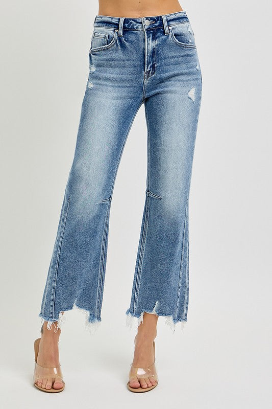 High Rise Crop Straight Distressed Hem Jeans Medium