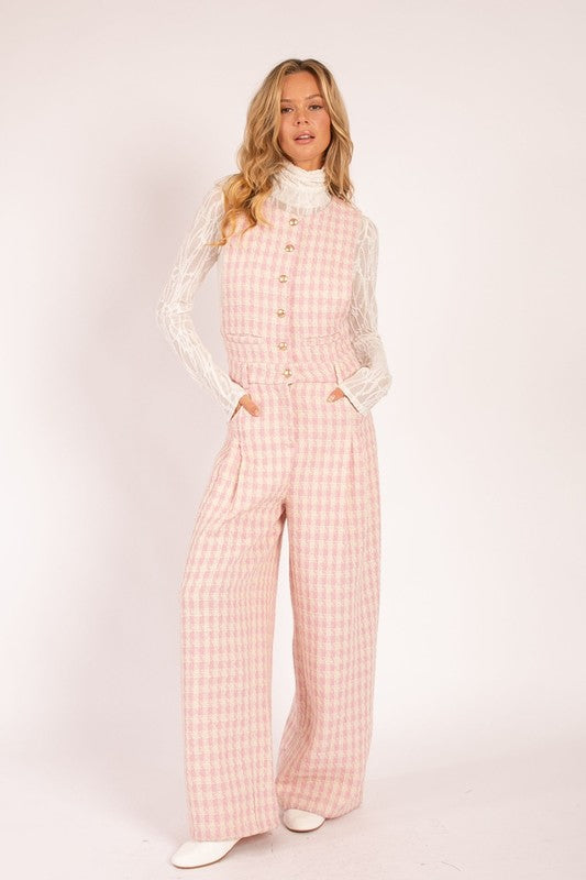 Plaid Sleeveless Jumpsuit with Button Front Pink