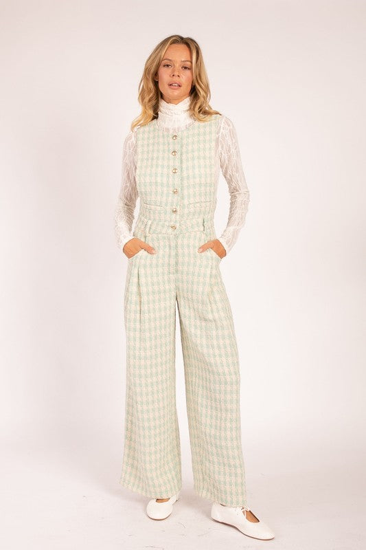 Plaid Sleeveless Jumpsuit with Button Front Sage