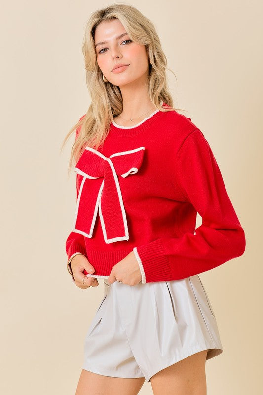 Ribbon Detail Long Sleeve Sweater Red