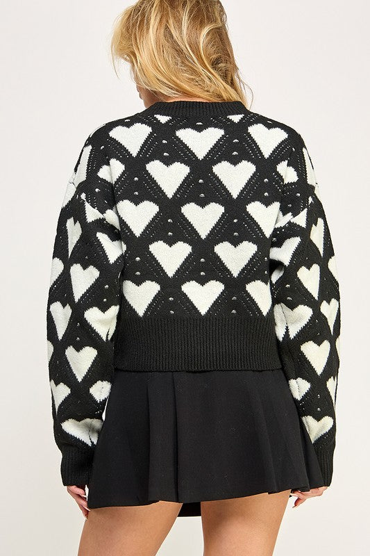 Heart Print Fuzzy Knit Sweater Black