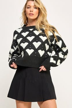 Heart Print Fuzzy Knit Sweater Black