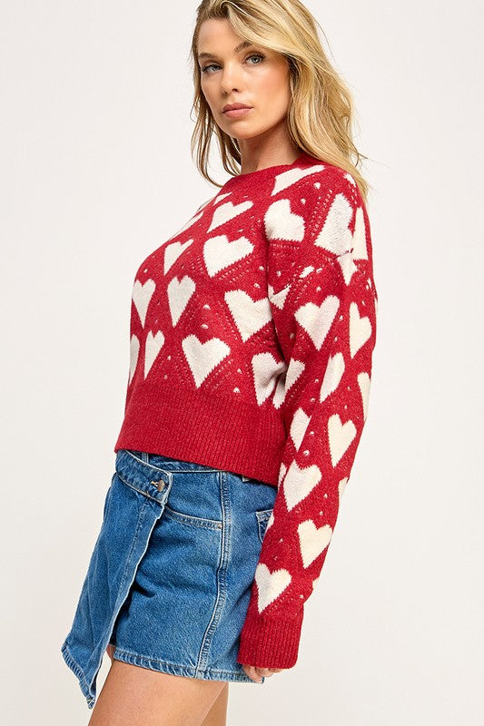 Heart Print Fuzzy Knit Sweater Red