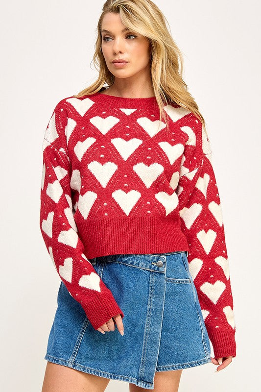 Heart Print Fuzzy Knit Sweater Red