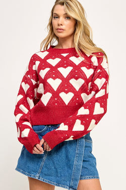 Heart Print Fuzzy Knit Sweater Red