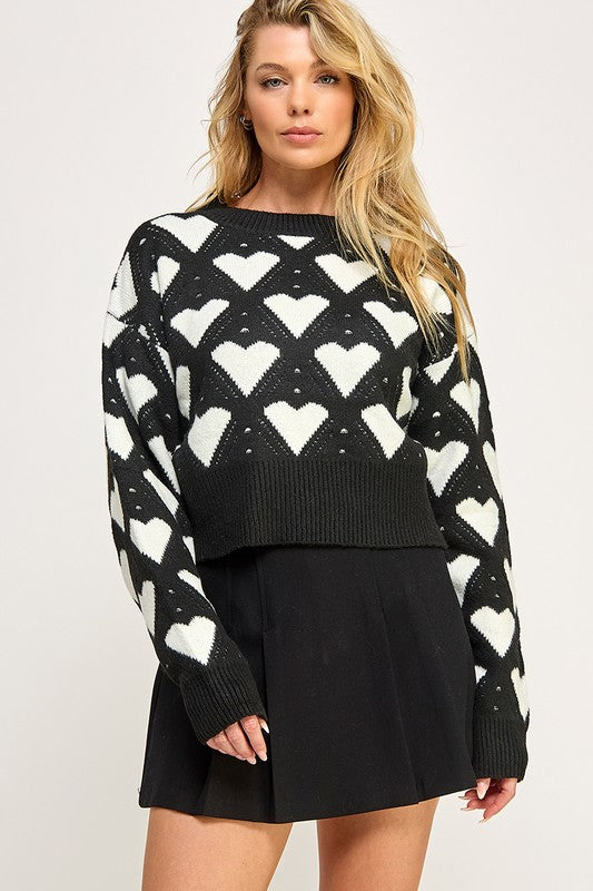 Heart Print Fuzzy Knit Sweater Black