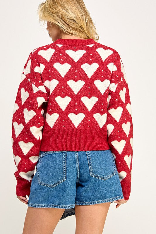 Heart Print Fuzzy Knit Sweater Red